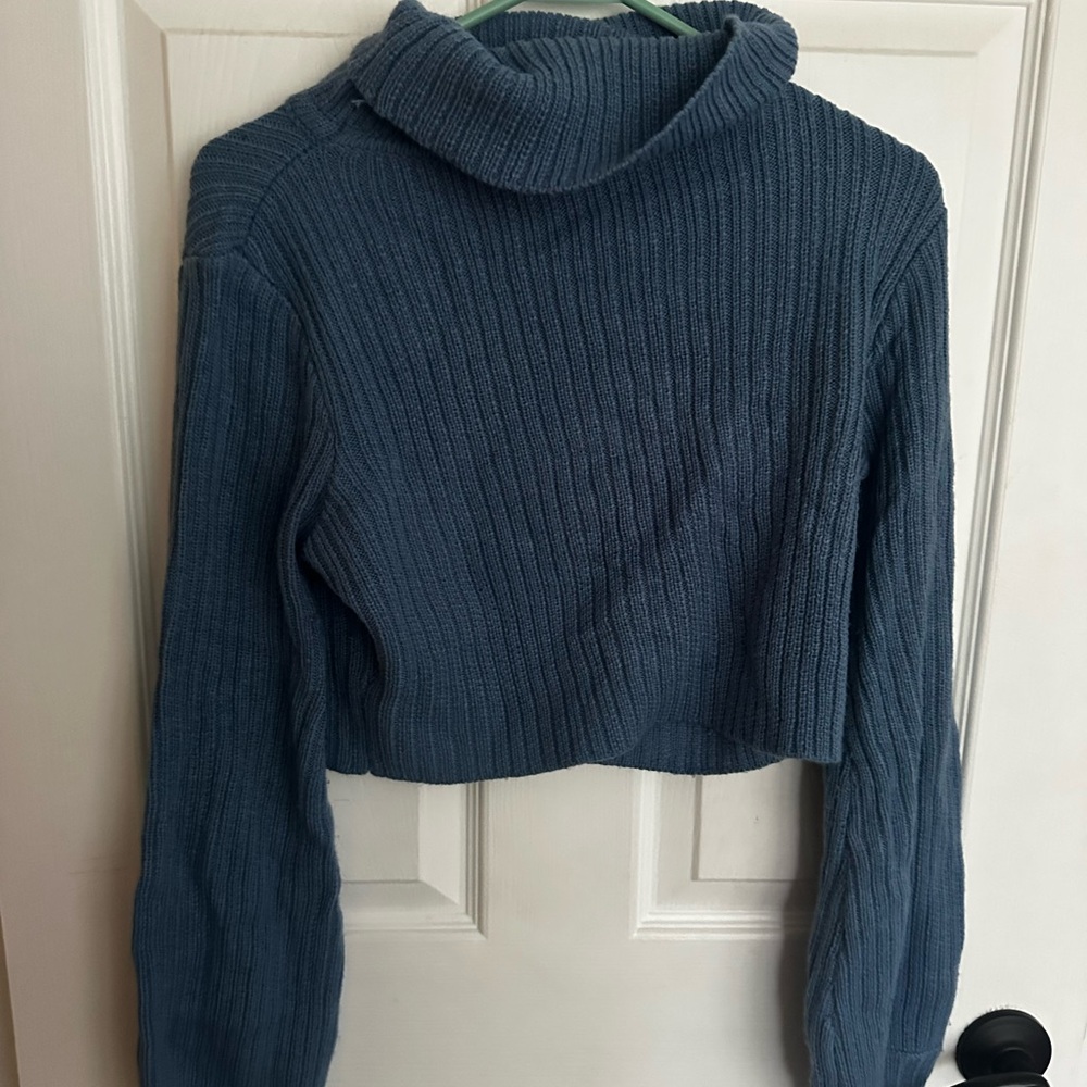Blue Ribbed Turtleneck Sweater